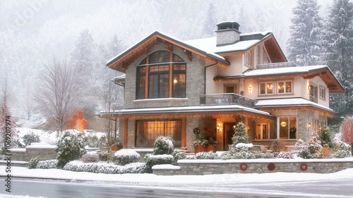 Luxurious modern mountain home with stone facade and large windows illuminated during winter snowfall, featuring holiday lights and elegant architectural details.