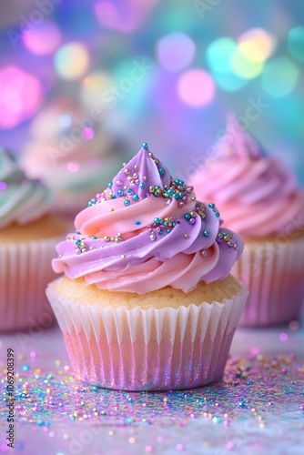 Pink frosted cupcakes with colorful sprinkles, bokeh background