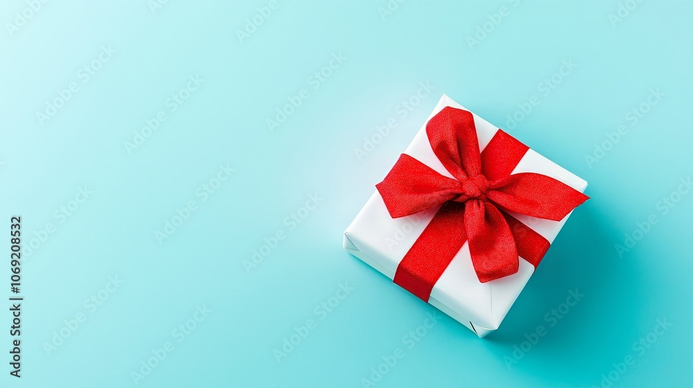 gift box with red ribbon and bow on a colored background. flat lay. top view. gift box with red ribbon and bow on a colored background. flat lay. top view.