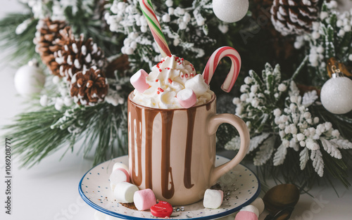 Hot cocoa mug with marshmallows, candy cane, and whipped cream on a plain white background, featuring sharp details and no blur for a festive, delicious winter treat.