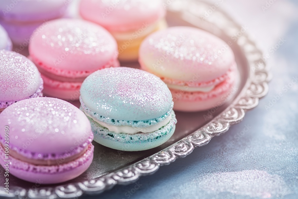 Fototapeta premium Sparkling pastel macarons on ornate silver plate