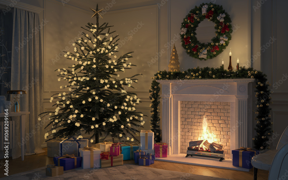 Magical glowing Christmas tree, fireplace, and neatly arranged gifts in a cozy dark interior, creating a warm and festive holiday atmosphere.

