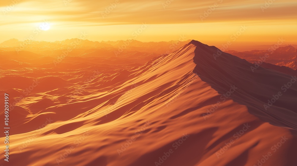 Stunning sunset over a rugged mountain peak casting long shadows in a vast desert landscape Stunning sunset over a rugged mountain peak casting long shadows in a vast desert landscape
