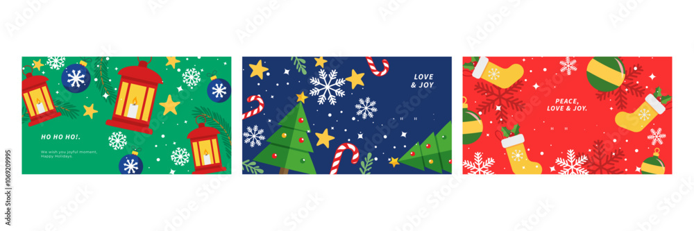 Naklejka premium Festive Christmas Card Designs. Three illustrated Christmas cards featuring a decorated christmas element and seasonal greetings, capturing the holiday spirit, joy, and celebration
