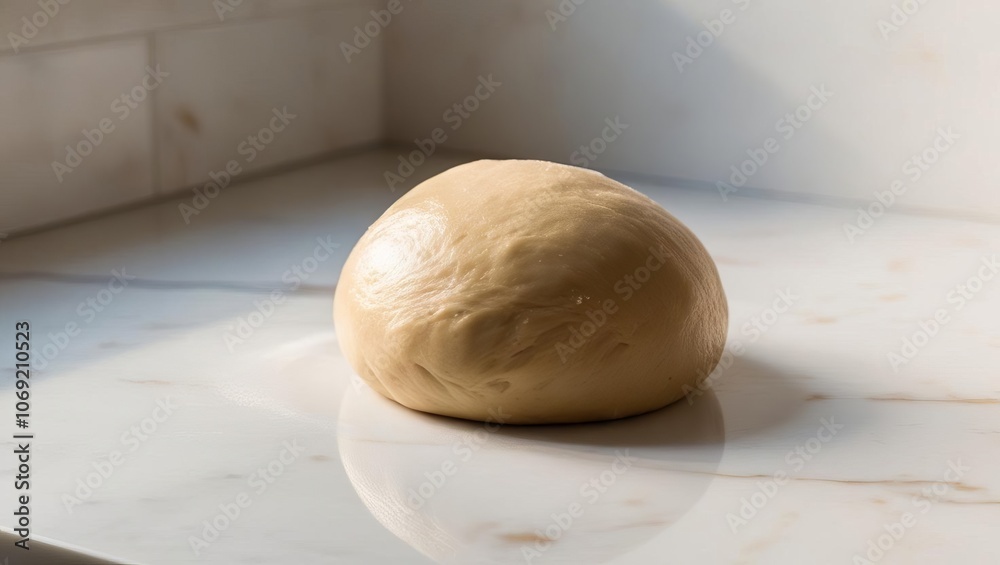 Ball of fresh dough on a marble surface in soft natural light, representing the initial stage of baking and homemade cooking