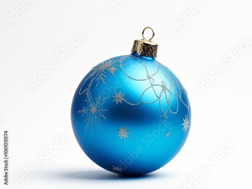 Blue Christmas ornament with silver snowflake and swirl designs and a gold cap, isolated on a white background, perfect for winter holiday decor