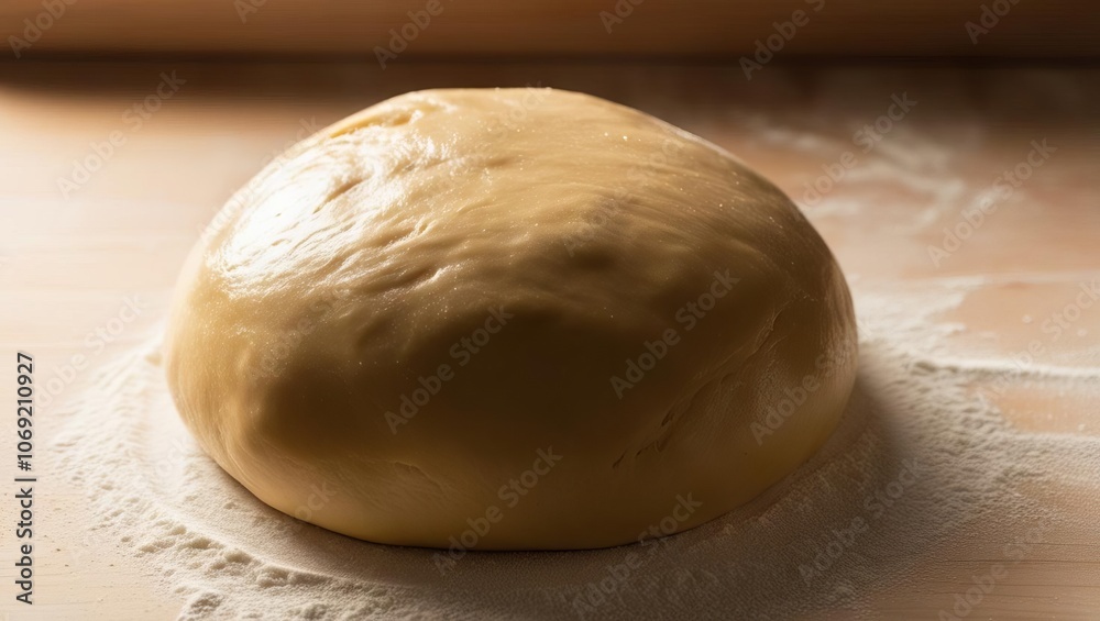 Ball of fresh dough dusted with flour on a wooden surface in warm light, ideal for baking and homemade culinary themes Ball of fresh dough dusted with flour on a wooden surface in warm light, ideal for baking and homemade culinary themes