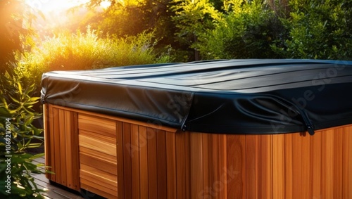 Wooden outdoor hot tub with a black protective cover in a lush garden setting during sunset, evoking relaxation and luxury home amenities