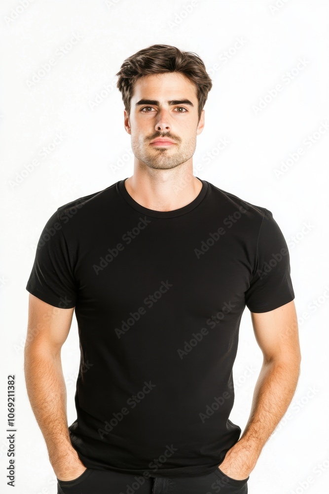 Handsome young man with beard wearing black t-shirt