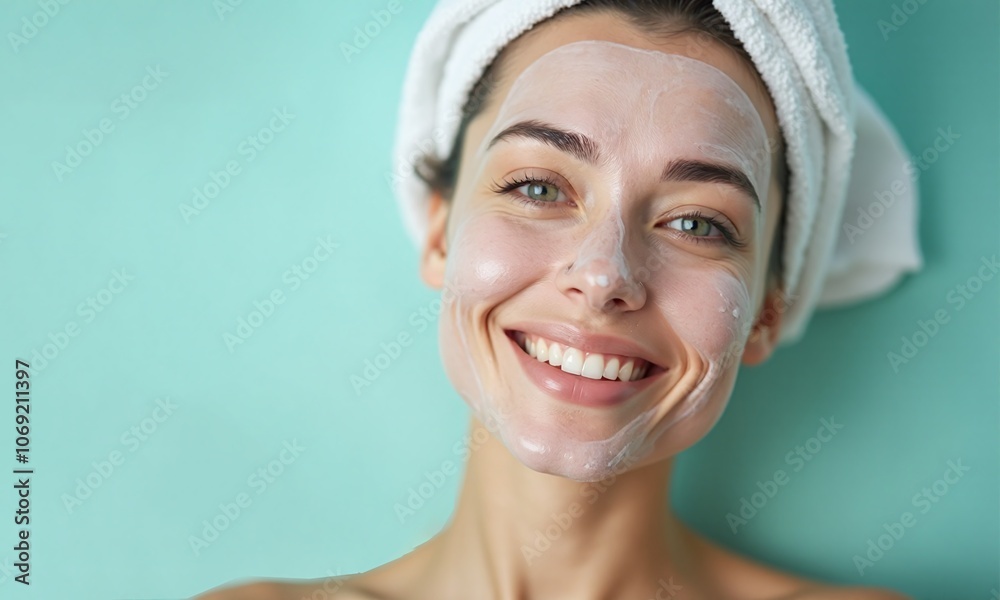 Smiling woman white towel on head face mask Smiling woman white towel on head face mask
