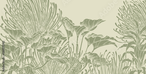 Tropical background with exotic leaves and protea flowers on green background. Hand drawn vector illustration.