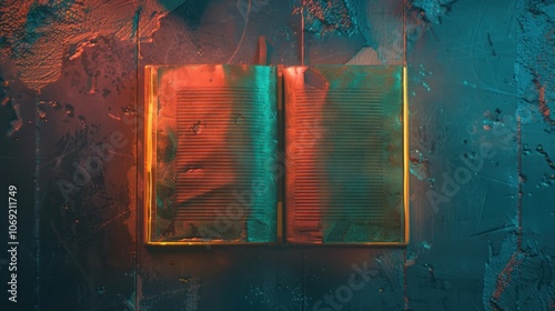 Abstract Open Journal with Vibrant Neon Orange and Teal Lighting on Textured Background