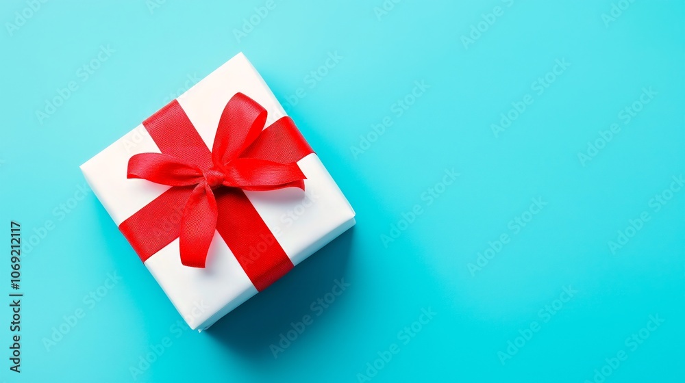 gift box with red ribbon and bow on a colored background. flat lay. top view. gift box with red ribbon and bow on a colored background. flat lay. top view.