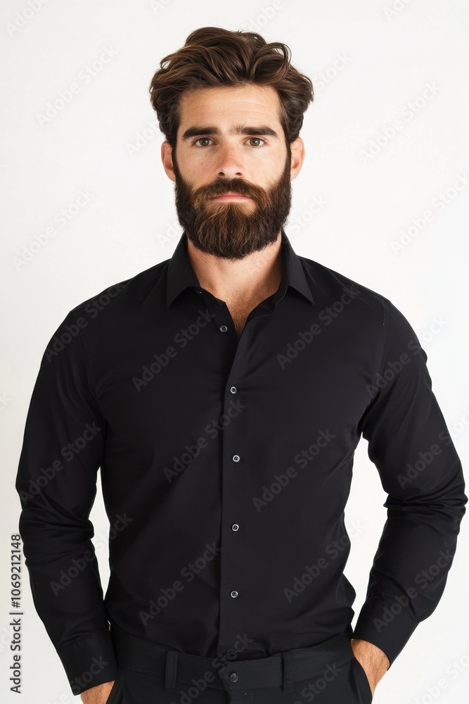 Obraz premium Handsome man with beard and stylish hairstyle wearing a black shirt
