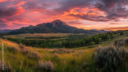 Majestic mountain peak bathed in the warm hues of sunset, with a sky ablaze in vibrant colors and a serene valley lying peacefully below