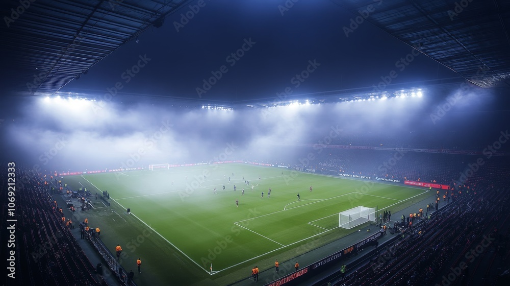 Spectacular fog-covered stadium hosts intense football match Spectacular fog-covered stadium hosts intense football match