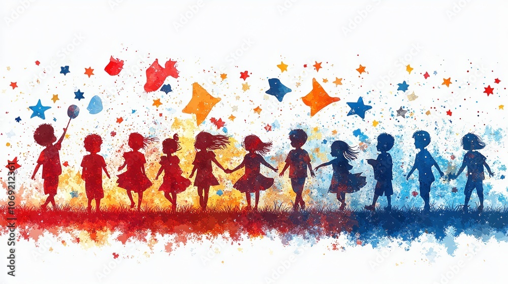 A group of diverse children, silhouetted against a bright and colorful watercolor background, celebrate with stars and joy. A group of diverse children, silhouetted against a bright and colorful watercolor background, celebrate with stars and joy.