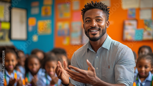 Teacher leading a classroom discussion, gesturing with open hands while students listen attentively: The teacherâs five-fingered hand is raised, and the students are engaged, showi photo