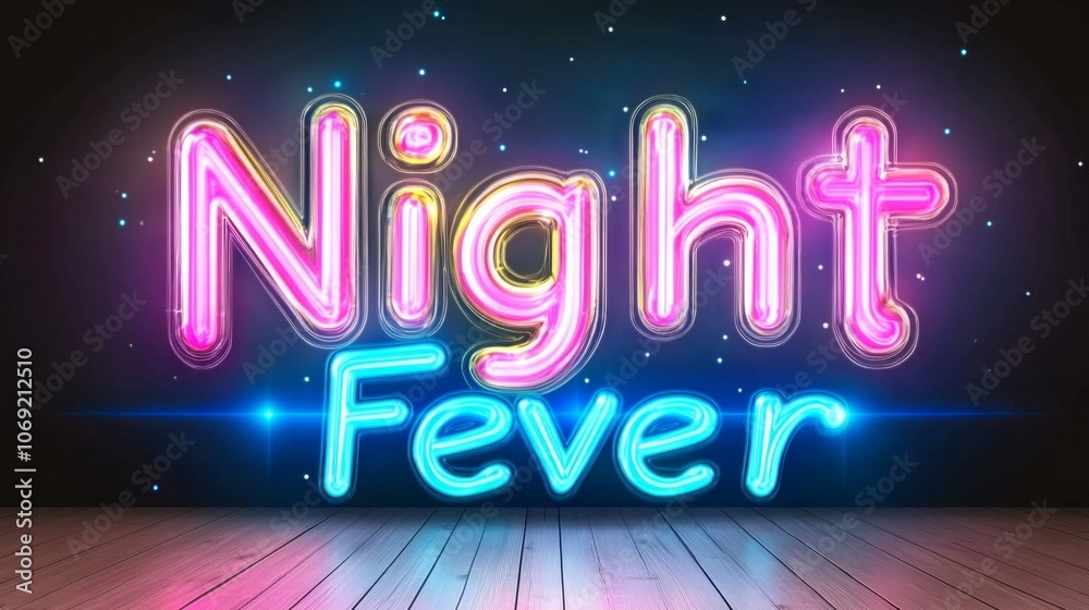 Glowing disco text Night Fever in vibrant neon colors on a black background with a dance floor light pattern