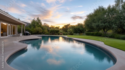 Serene backyard oasis with swimming pool and sunset sky