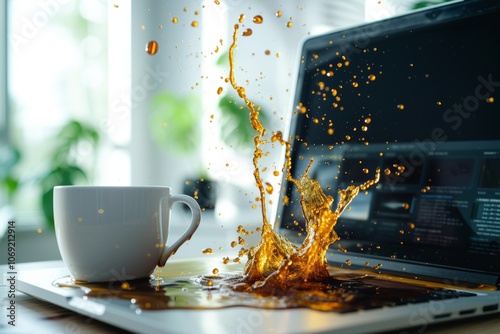 Liquid spills over laptop keyboard in a home workspace as coffee splashes dramatically, capturing a moment of chaos and surprise photo