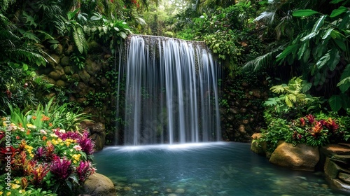 Majestic waterfall cascading into a clear, tranquil pool, surrounded by lush greenery and vibrant, colorful flowers. A breathtaking scene of nature's beauty and serenity.