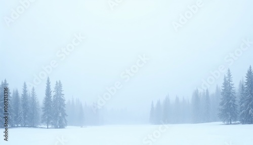 Minimalist snowy forest background, silhouettes of pine trees in white against a pale blue gradient, calm and simplistic