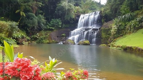 Majestic waterfall cascading into a clear, tranquil pool, surrounded by lush greenery and vibrant, colorful flowers. A breathtaking scene of nature's beauty and serenity. photo