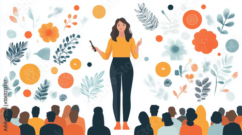 Professional woman giving a presentation with a pointer in hand, facing a large audience: Her five-fingered hand holds a laser pointer, while she speaks confidently, engaging her a