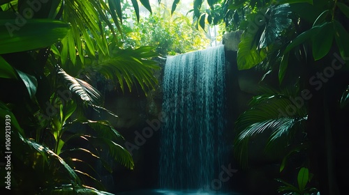 Majestic waterfall plunging into a clear pool within a tropical rainforest, framed by vibrant, lush greenery. The cascading water creates a stunning contrast against the dense, verdant foliage. photo