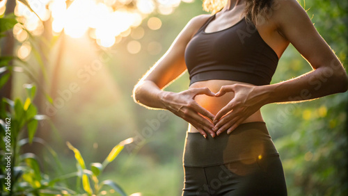 close up of woman hands making heart shape on her stomach yoga pose in the nature, gut health and microbiome