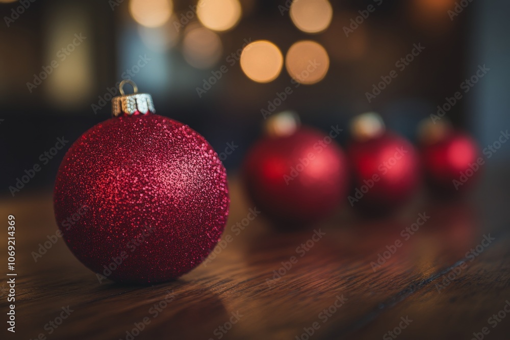Sparkling red Christmas ornaments arranged on wooden table with a festive tree in the background Sparkling red Christmas ornaments arranged on wooden table with a festive tree in the background