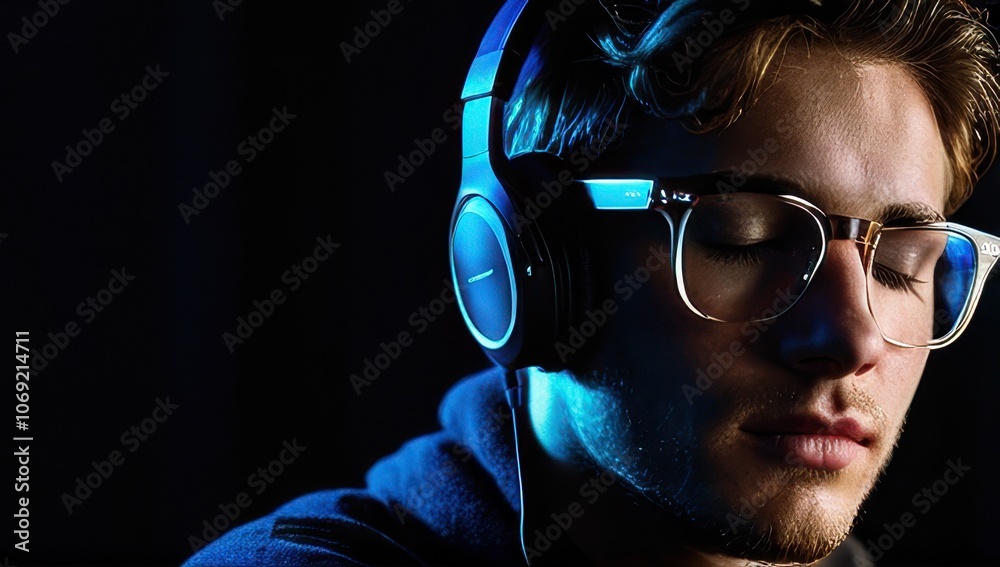 Close-up portrait of a young man with stylish glasses and headphones, eyes closed, in a serene, dimly lit environment. Ideal for themes of meditation, sound therapy, or concentration.