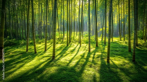 Peaceful bamboo grove featuring tall, slender stalks with dappled sunlight casting intricate patterns on the forest floor, creating a tranquil and serene atmosphere. photo