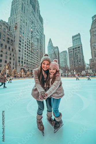 Mother and daughter ice skating on a winter day in a big city