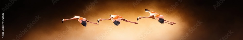 Fototapeta premium Flock of flamingos soaring through the sky