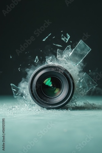 Shattered camera lens on a dark background