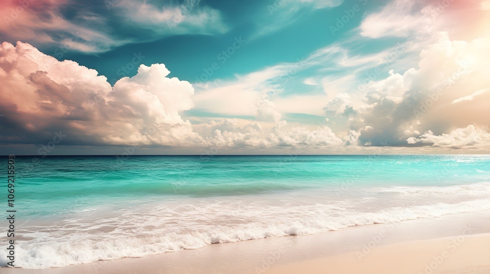 Obraz premium Peaceful beach with turquoise waters and soft white sand, set against a sky filled with colorful, dramatic clouds. An idyllic scene of tranquility and natural beauty.