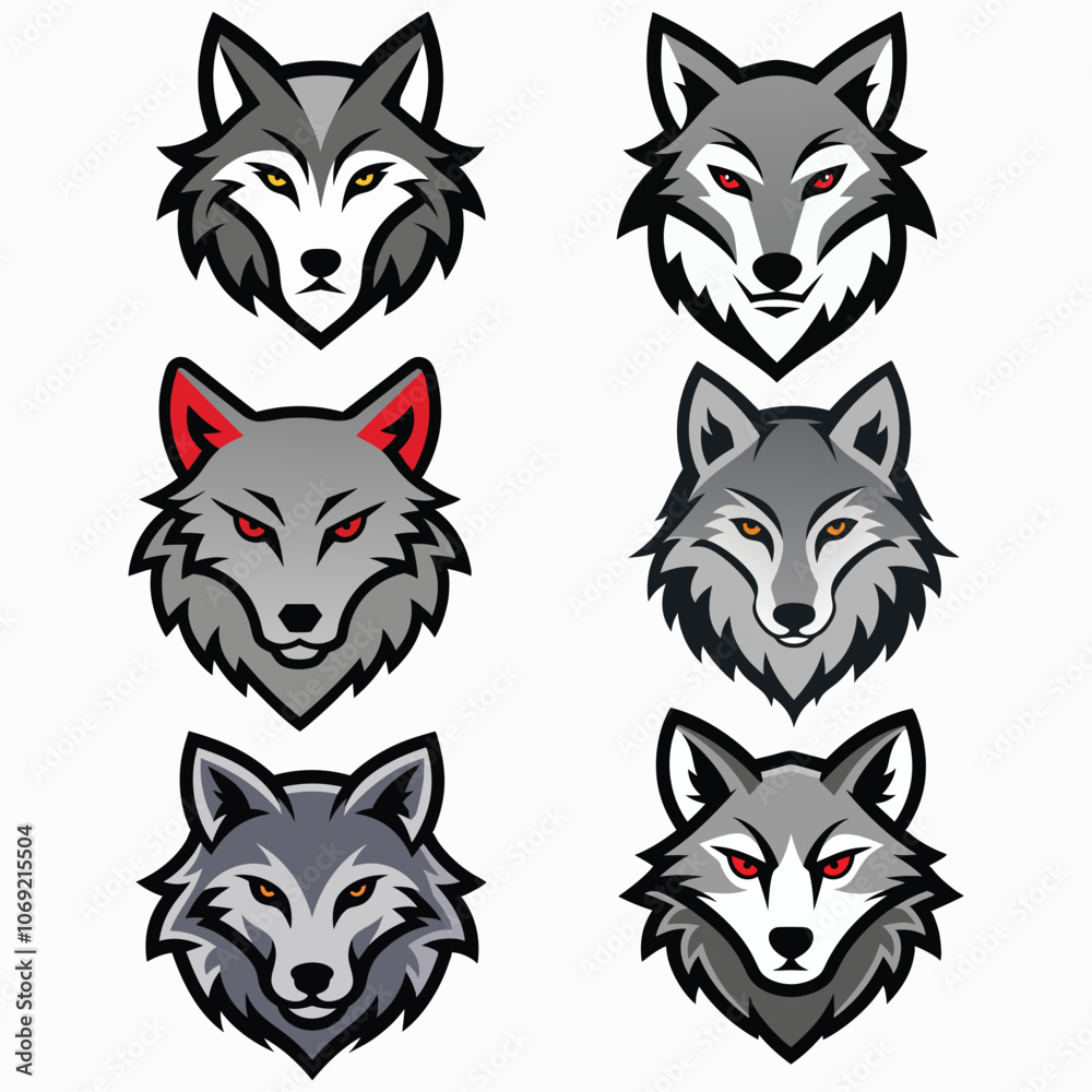 Set of wolf heads with open mouth and bared fangs, with different angry expressions of the muzzle. Symbols for tattoo, emblem or logo, isolated on a white background. Set of wolf heads with open mouth and bared fangs, with different angry expressions of the muzzle. Symbols for tattoo, emblem or logo, isolated on a white background.