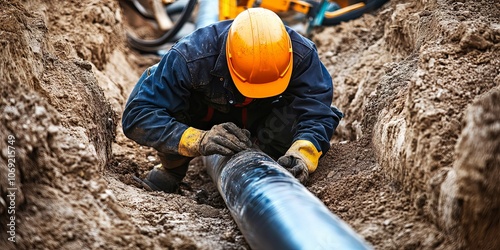 Construction Worker Repairing Pipeline in Trench