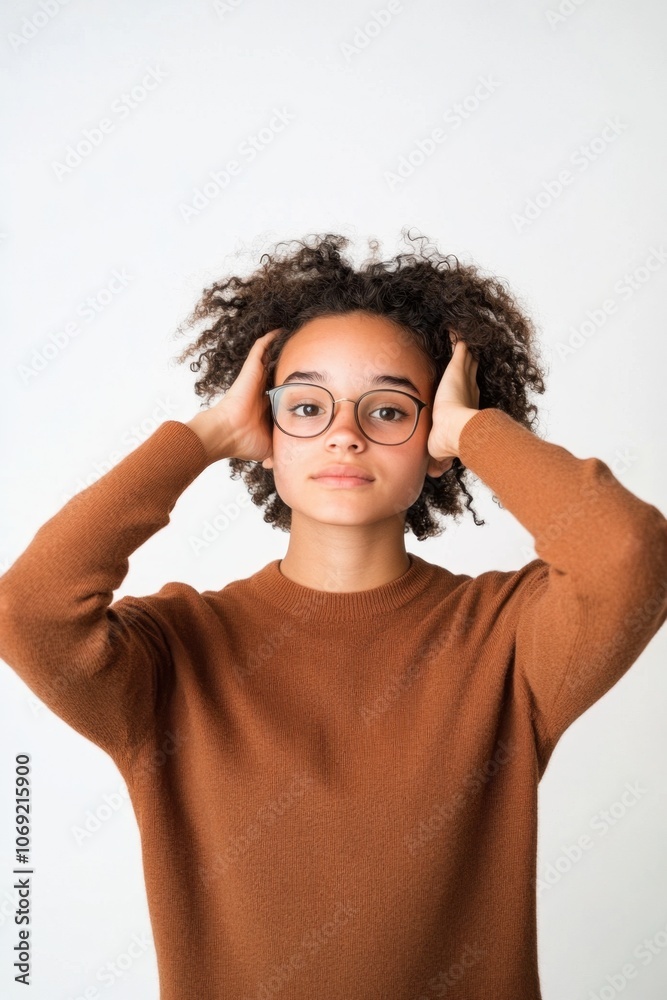 Young woman with curly hair and glasses looking thoughtful Young woman with curly hair and glasses looking thoughtful