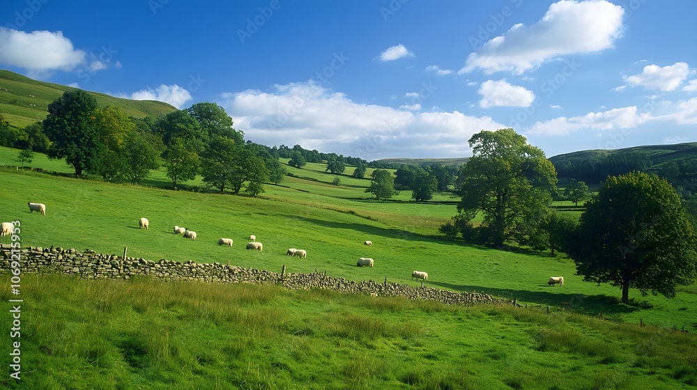 Fototapeta premium Peaceful countryside scene with rolling green hills, a clear blue sky, and grazing sheep. This idyllic setting evokes a sense of tranquility and rural charm.