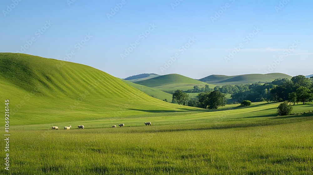Peaceful countryside scene with rolling green hills, a clear blue sky, and grazing sheep. This idyllic setting evokes a sense of tranquility and rural charm. Peaceful countryside scene with rolling green hills, a clear blue sky, and grazing sheep. This idyllic setting evokes a sense of tranquility and rural charm.
