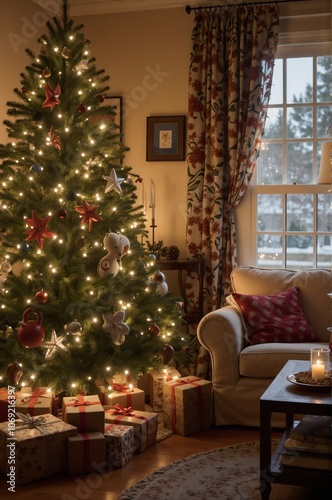 Cozy Christmas Living Room with Festively Decorated Tree and Presents