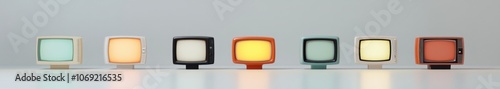 Vintage television sets in various colors and designs
