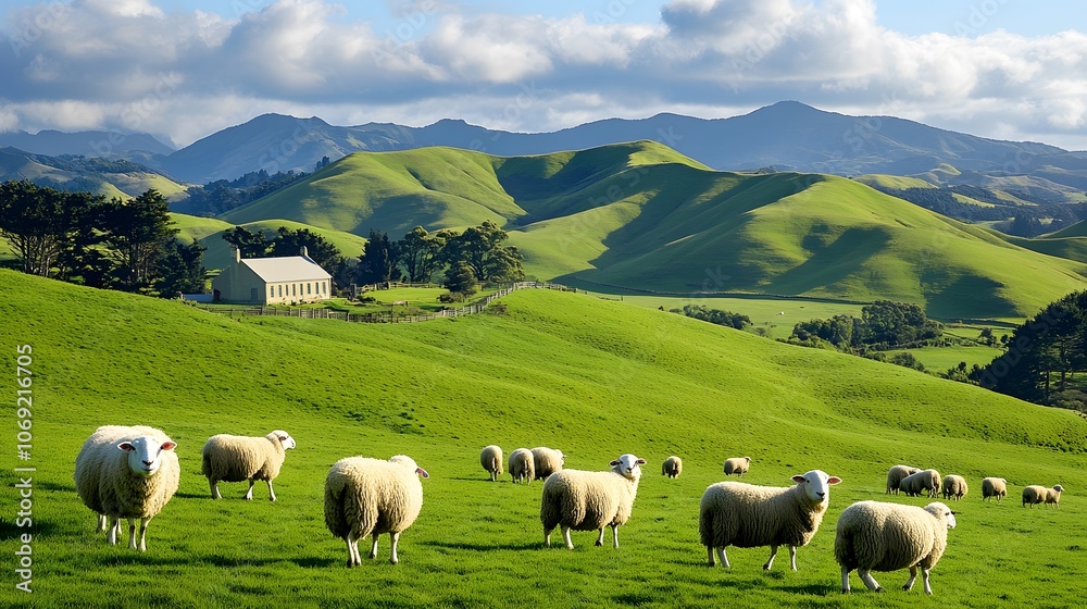 Fototapeta premium Peaceful countryside with rolling green hills, grazing sheep, and a quaint farmhouse in the distance