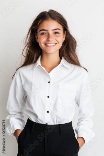 Smiling young woman in white shirt and black pants