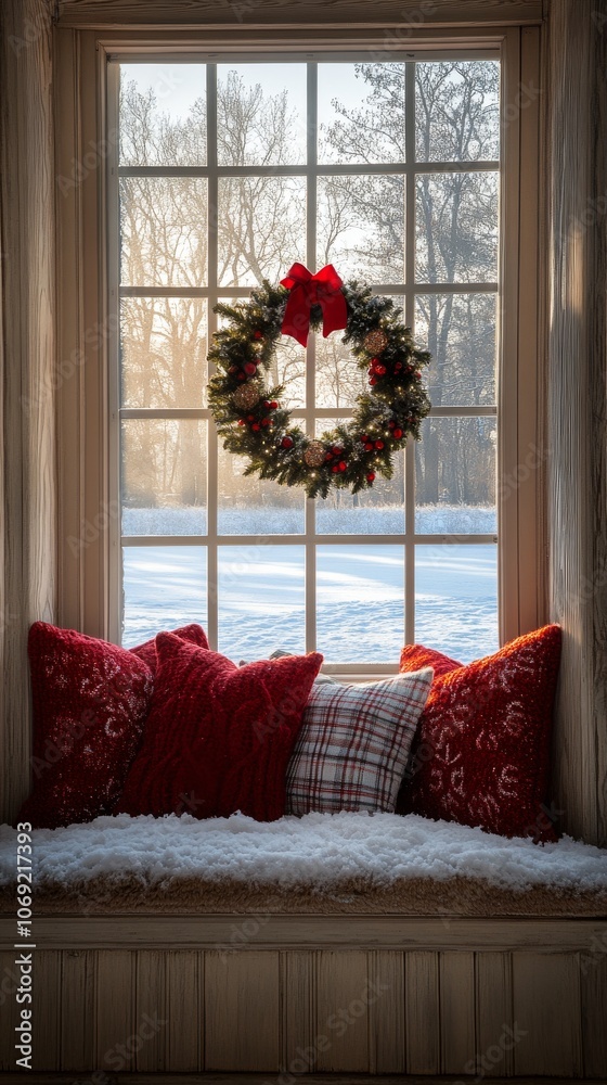 Obraz premium Cozy winter nook with red pillows and a holiday wreath in a sunlit window