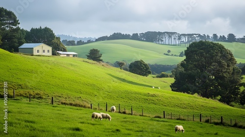 Peaceful countryside with rolling green hills, grazing sheep, and a quaint farmhouse in the distance photo