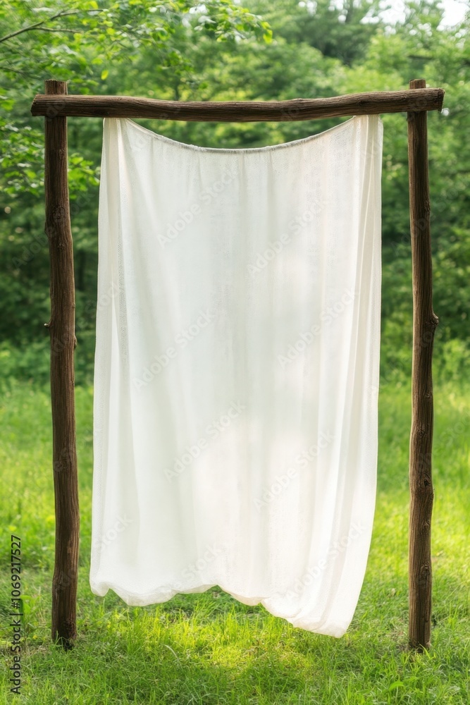 Peaceful outdoor scene with a white cloth hanging from a wooden frame Peaceful outdoor scene with a white cloth hanging from a wooden frame